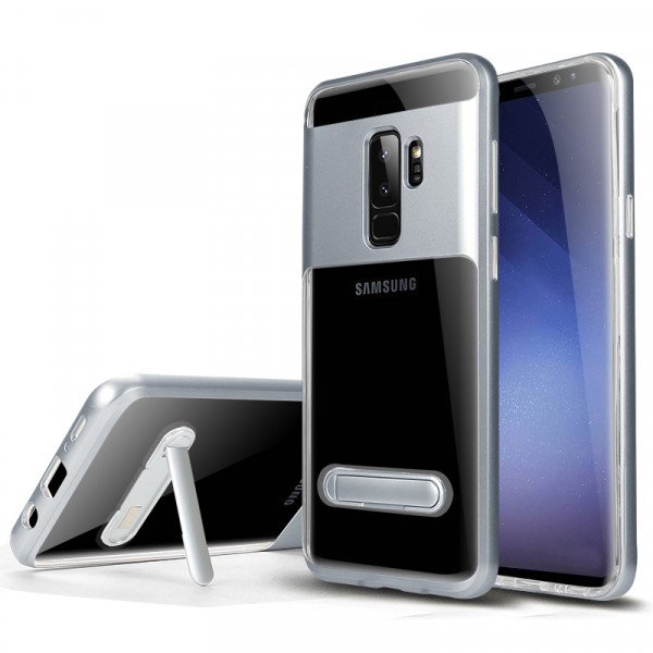 Wholesale Galaxy S9 Clear Armor Bumper Kickstand Case (Silver)